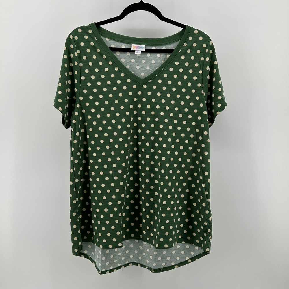 LuLaRoe Christy T Green Polka Dot V-Neck Short Sleeve High Low Top L Relaxed Fit